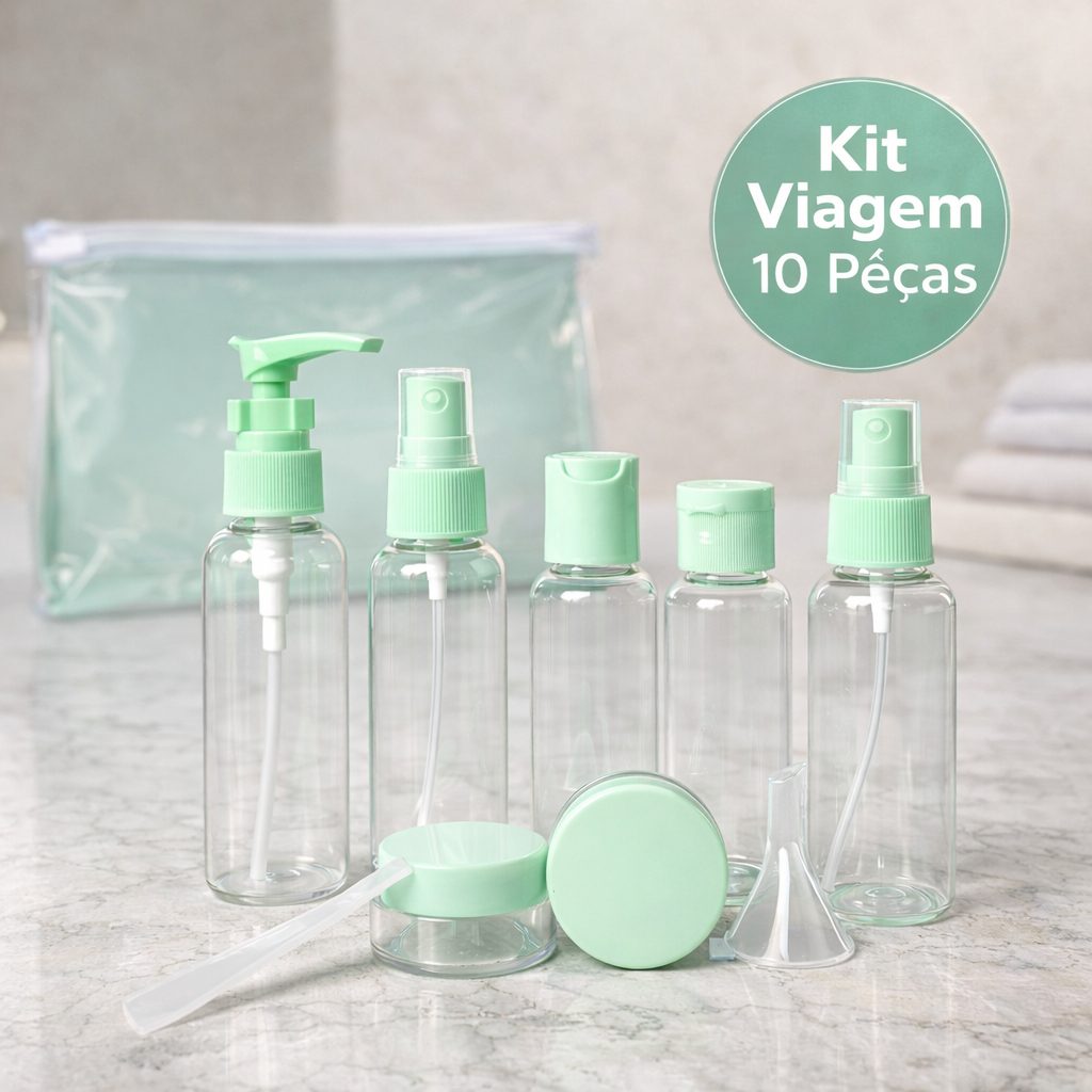 Kit Frascos Viagem 10 Peças com Necessaire | Pump, Spray e Potes