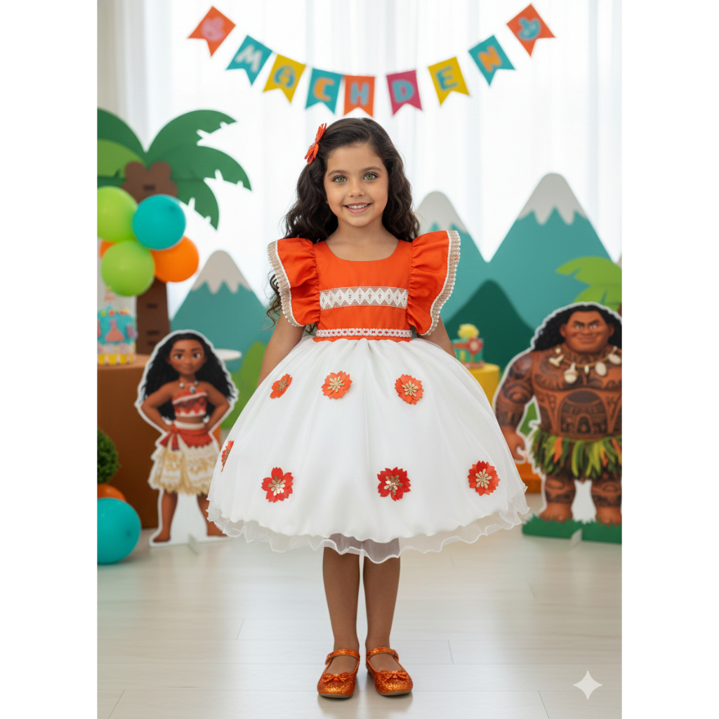 Vestido Infantil Moana Temático Luxo Festa Fantasia Aniversário de 1 a 8 anos