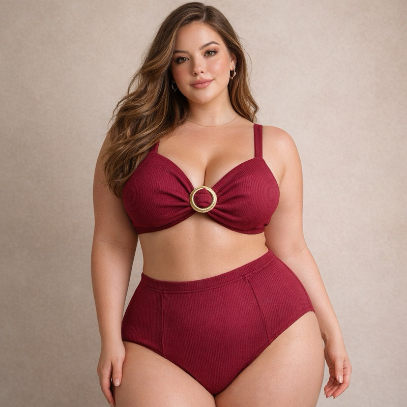 Biquini feminino plus size liso canelado reforçado ana ruga premium forrado bojo cintura alta estilo