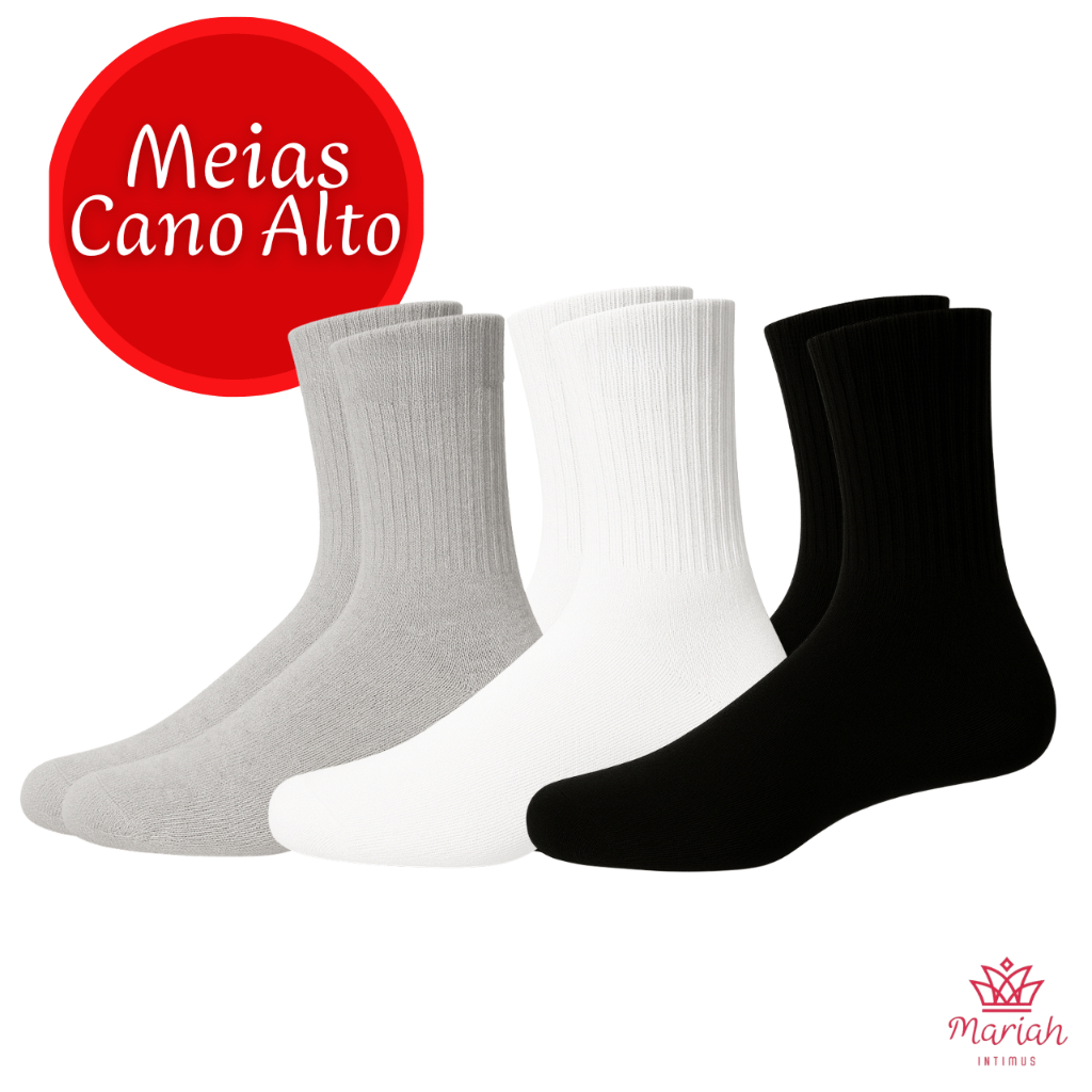 Kit 12/6 ou 3 Pares de Meia Cano alto Adulto Masculina em Oferta na Shopee