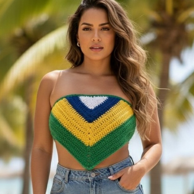 Top Artesanal Feminino Copa do Mundo Brasil  2 em 1 Tendencia Triangulo em Oferta na Shopee