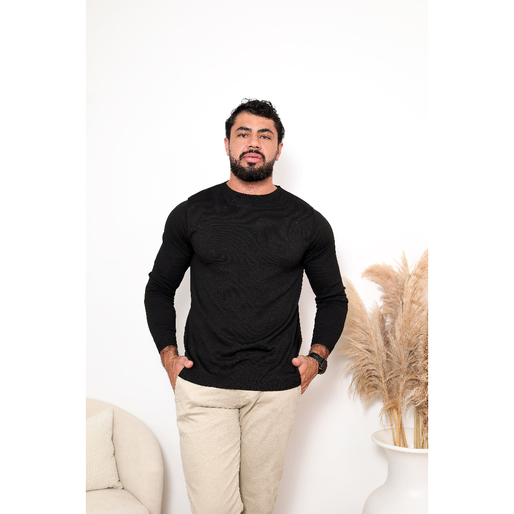Blusa Masculina Lisa de Frio Suéter de Tricot Inverno Gola Redonda