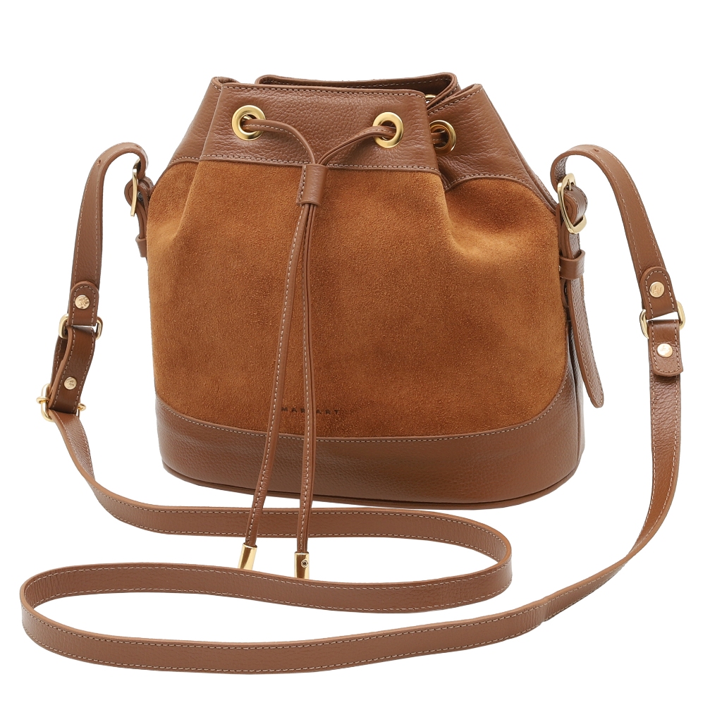 Bolsa Bucket Transversal de Couro Bovino Legítimo Mariart Chia Camurça