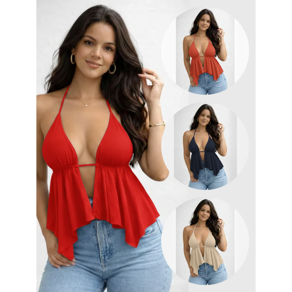 Blusa Cortininha Frente Única - tipo  Bata Babadinho - Costas Nua Tendência - Suplex - Tamanho único. C/ Bojo. C012