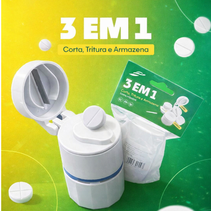 Cortador de Remédio Amassador de Medicamentos e Porta Comprimidos 3 Em 1 - SM