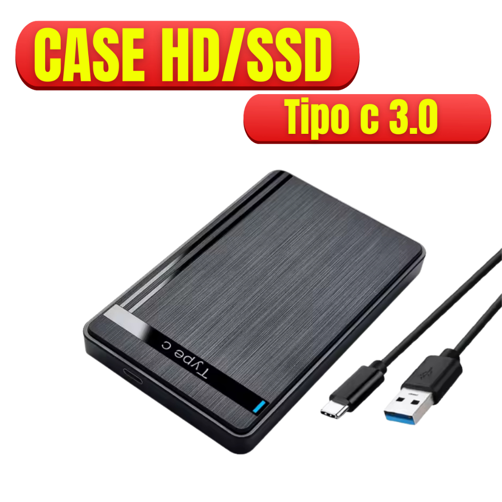 Case Externo SSD/HD 2.5" USB-C 3.0 Compatível com PC, Notebook, PS4 e Xbox Cabo USB C Turbo
