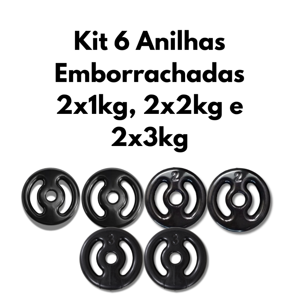 Kit 6 Anilhas Emborrachadas 2x1kg, 2x2kg e 2x3kg Musculação Treino Força Fitness Academia