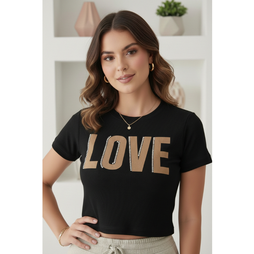 BLUSA FEMININA CANELADA ESTAMPADA LOVE MANGA CURTA GOLA REDONDA CASUAL MODA VERÃO DIA A DIA - CORES