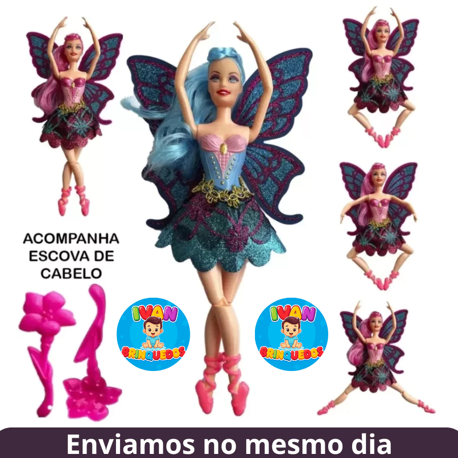 Boneca Bailarina Fada Infantil Menina Com Asas Ballet Articulada 30cm - Rosa - Azul - Roxa