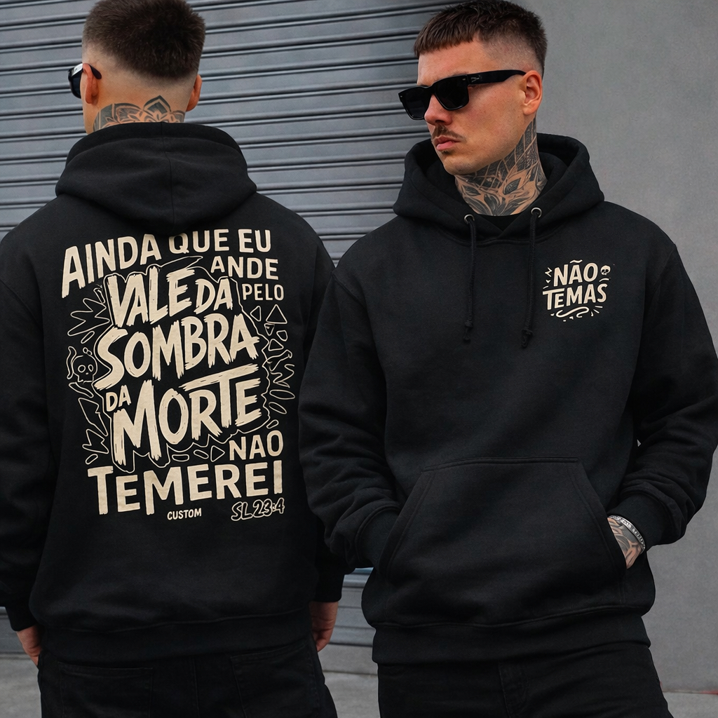 Moletom Religioso Ainda Que Eu Ande Pelo Vale Moleton Cristão Casaco Blusão Frio Bolso Capuz