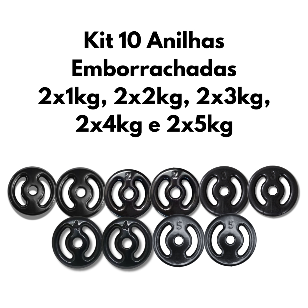 Kit 10 Anilhas Emborrachadas 2x1kg, 2x2kg, 2x3kg, 2x4kg e 2x5kg Musculação Treino Força Fitness Academia