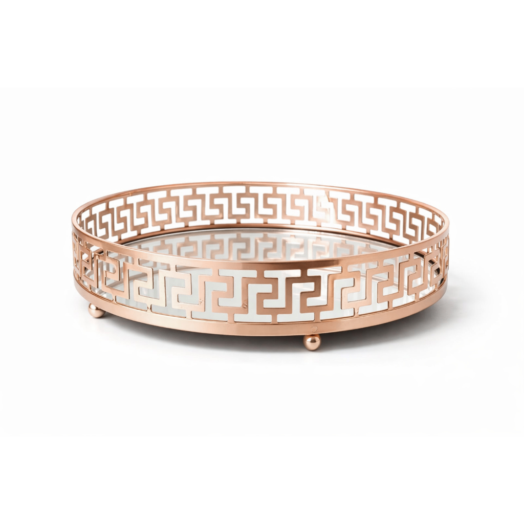 Bandeja Espelhada Grega Rose 25x25cm | Bandeja de Metal Luxo para Lavabo, Banheiro e Penteadeira