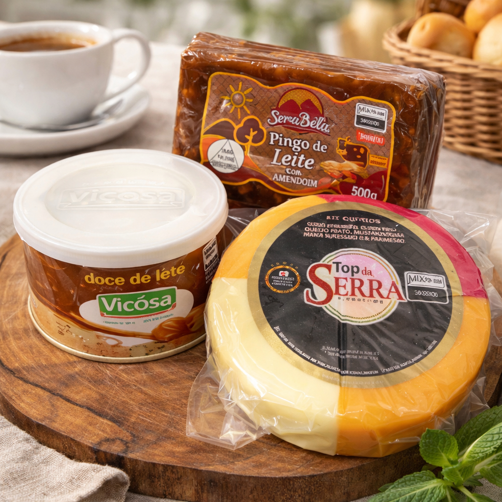 Kit Café Completo – Mix 4 Queijos, Doce de Leite Viçosa e Pingo de Leite com Amendoim