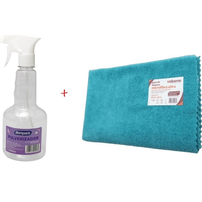 Kit Limpeza Borrifador Pulverizador Frasco 500ml + Pano Microfibra Ultra 60x80cm Azul Turquesa Vabene