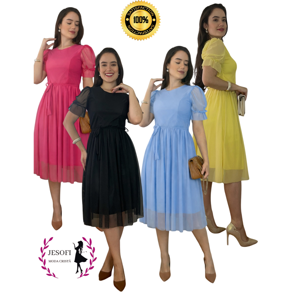 Promoção Vestido Midi Evangelico de Tule Lisso Manga Princesa com Lazo Elegante Congresso em Oferta na Shopee