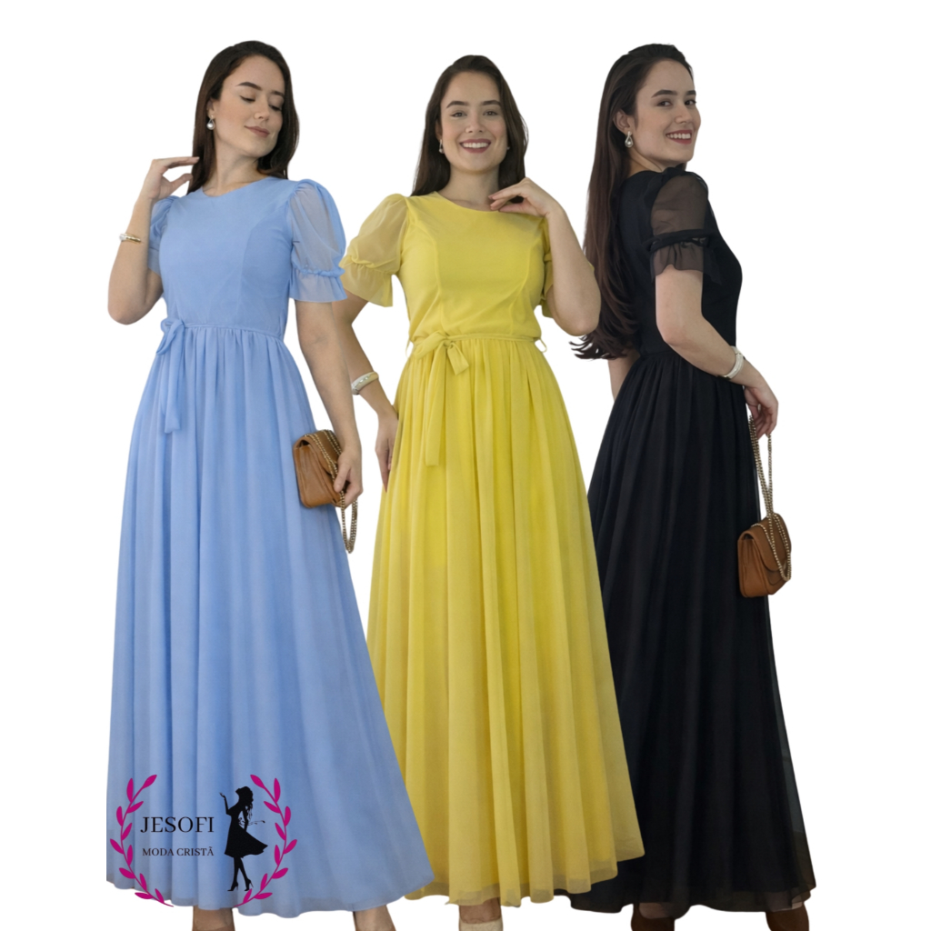 Vestido Longo Evangelico Feminino Manga Tule Princesa Elegante em Oferta na Shopee