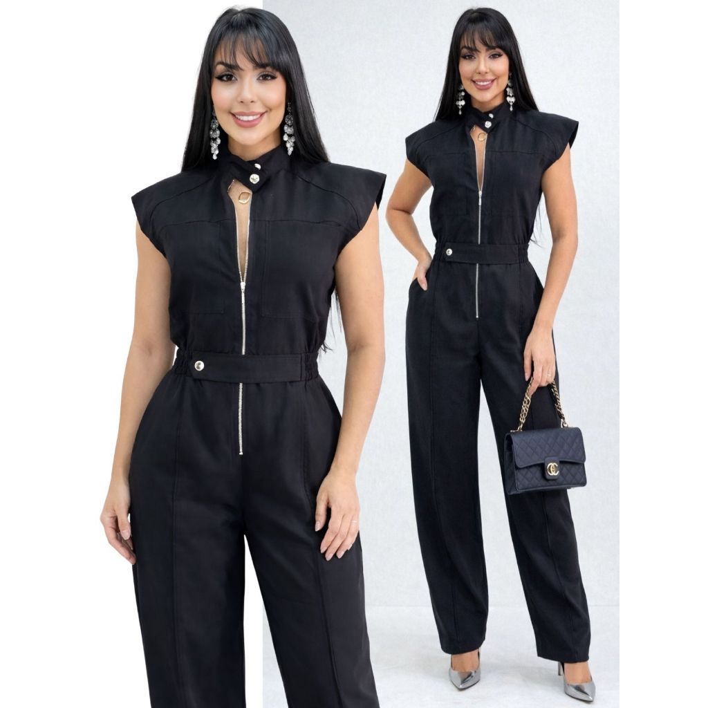 Macacão Afaiataria Longo Feminino Elegante com Zíper e Cinto