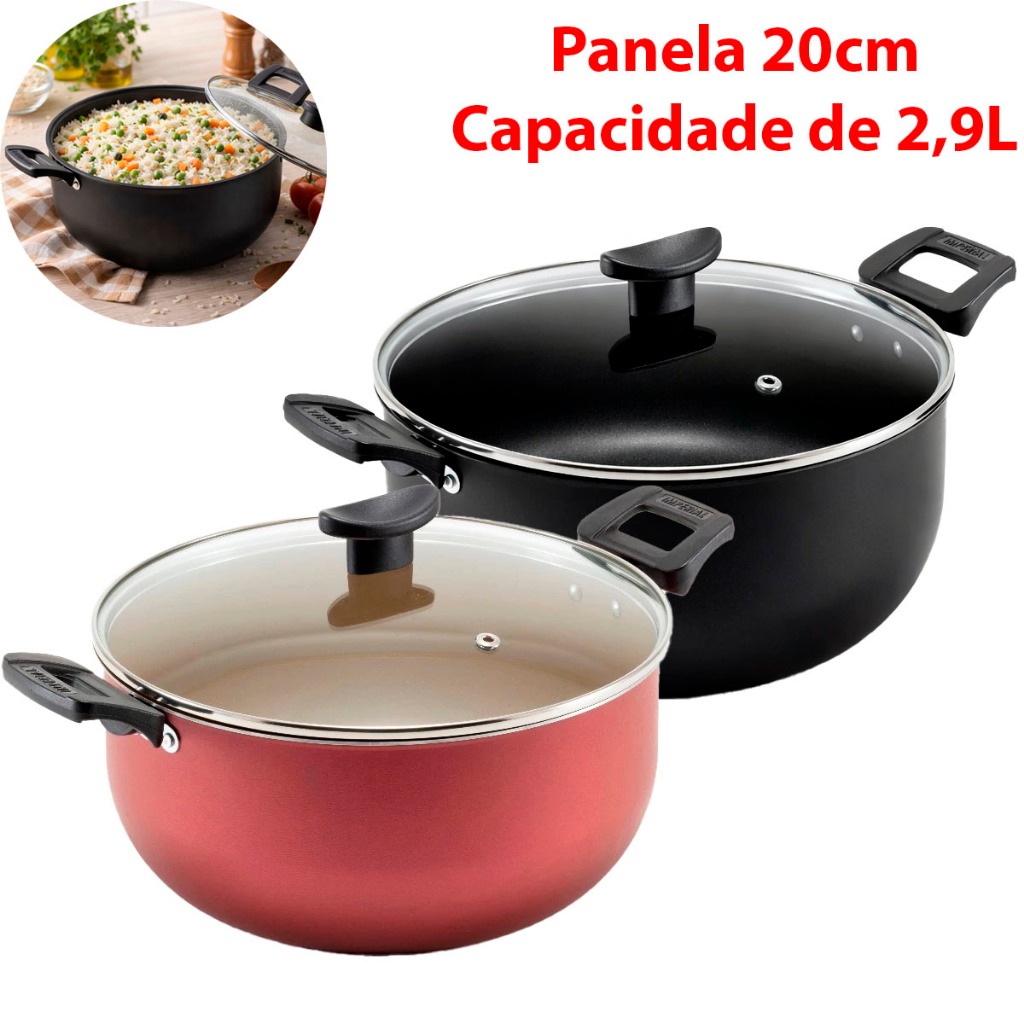 Panela Caçarola 20cm de 2,9 Litros Grande Para Cozinha Antiaderente Reforçada Tampa Vidro Temperado