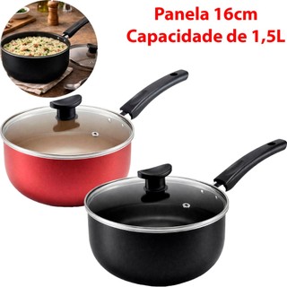 Panela Caçarola 16cm de 1,5 Litros Para Cozinha Antiaderente Reforçada Tampa Vidro Temperado