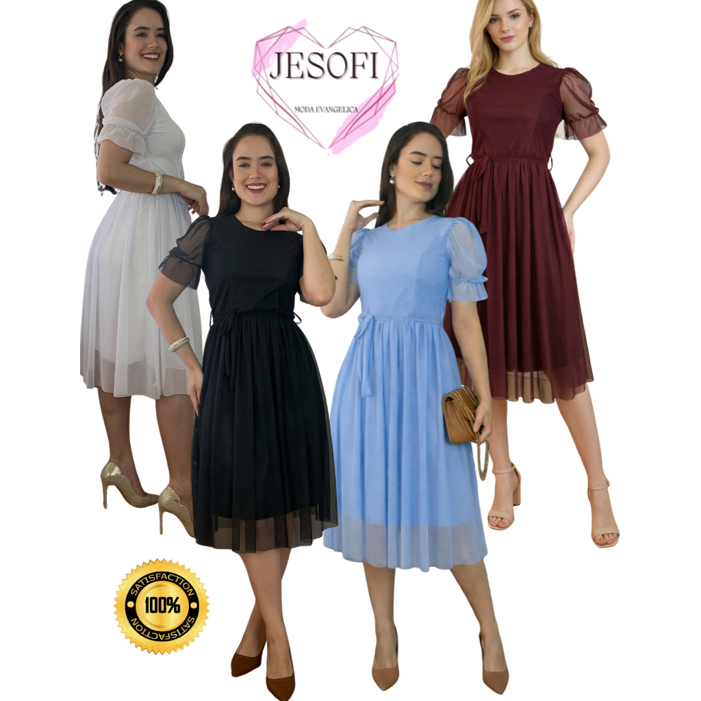 Promoção Vestido Midi Evangelico de Tule Lisso Manga Princesa com Lazo Elegante Congresso em Oferta na Shopee