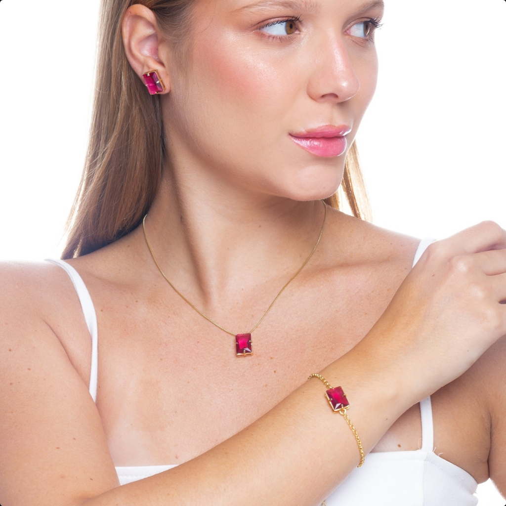 Conjunto Feminino Brinco Colar Pulseira Zircônia Retangular Semijoia Feminina Folheada a Ouro 18k em Oferta na Shopee