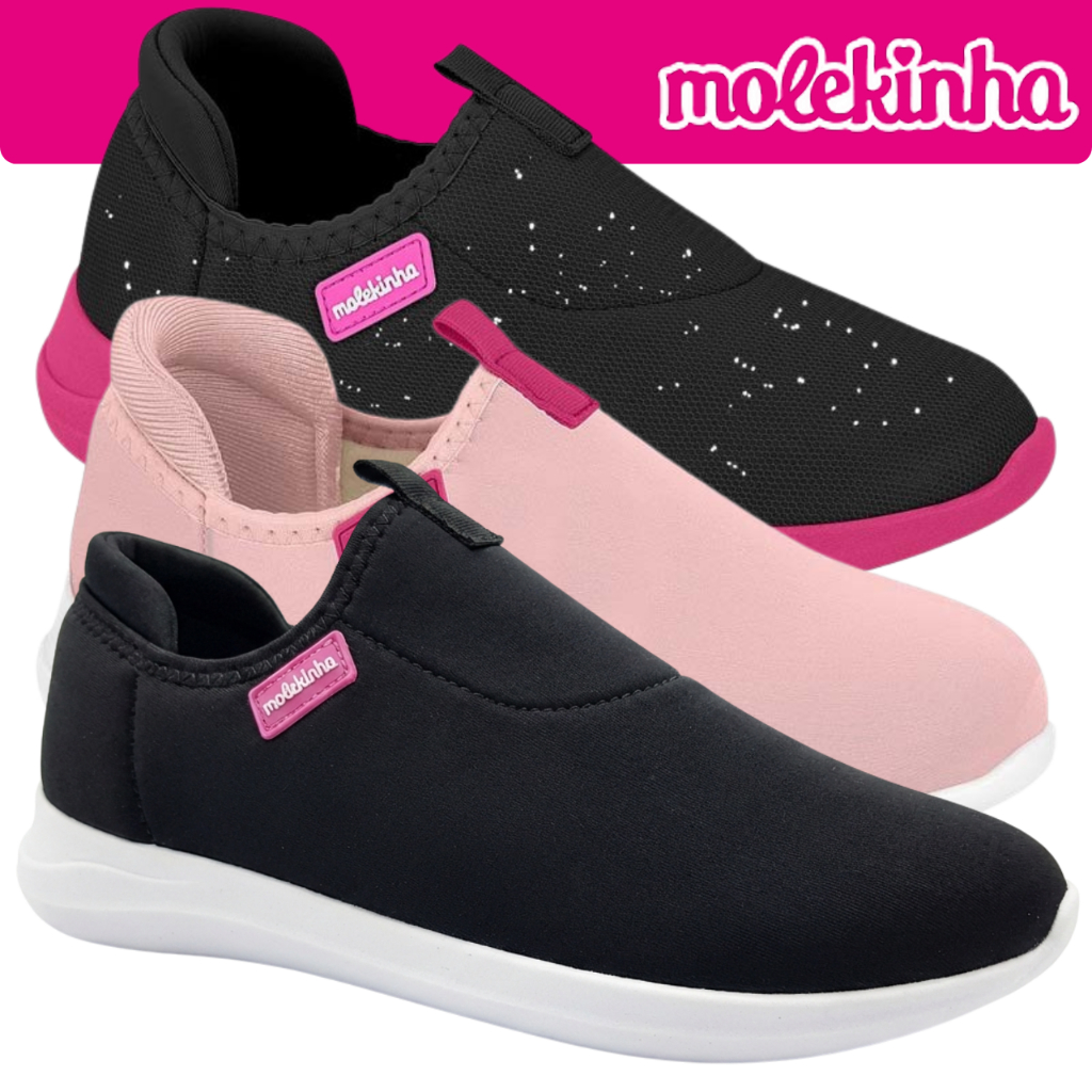 Tênis Infantil Feminino  Molekinha Escolar Calce Fácil Com Brilho Impermeável em Oferta na Shopee