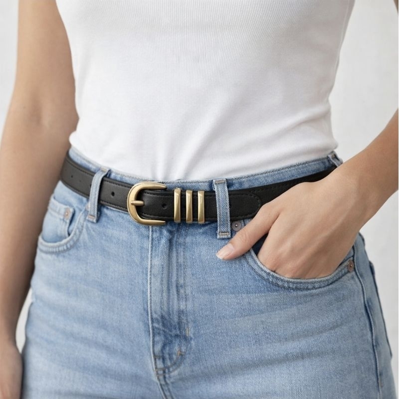 Cinto Feminino Fino Couro Sintético Premium com Fivela Dourada | Elegante Casual para Jeans e Social