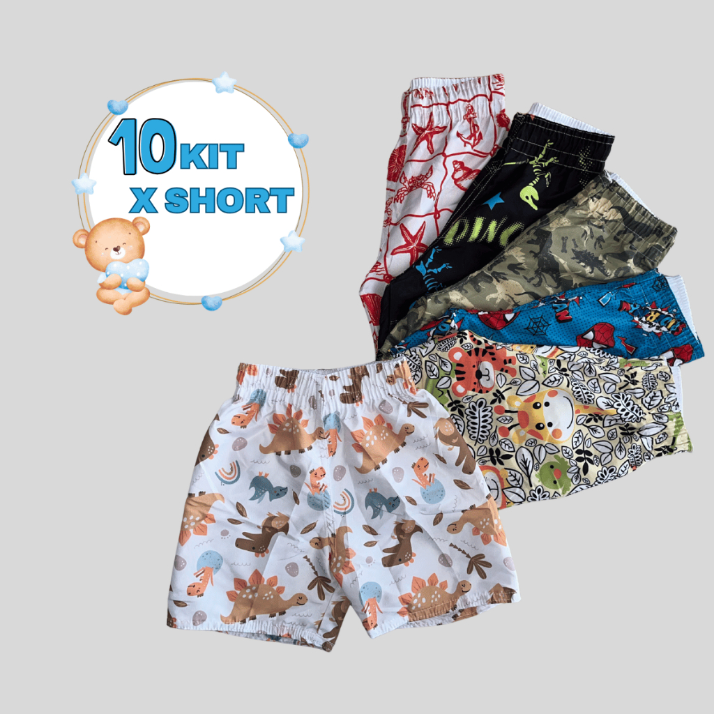 Kit 10 Short Tactel Infantis Sortidos Masculinos Bermuda Infantil Estampado Menino Shorts Juvenil