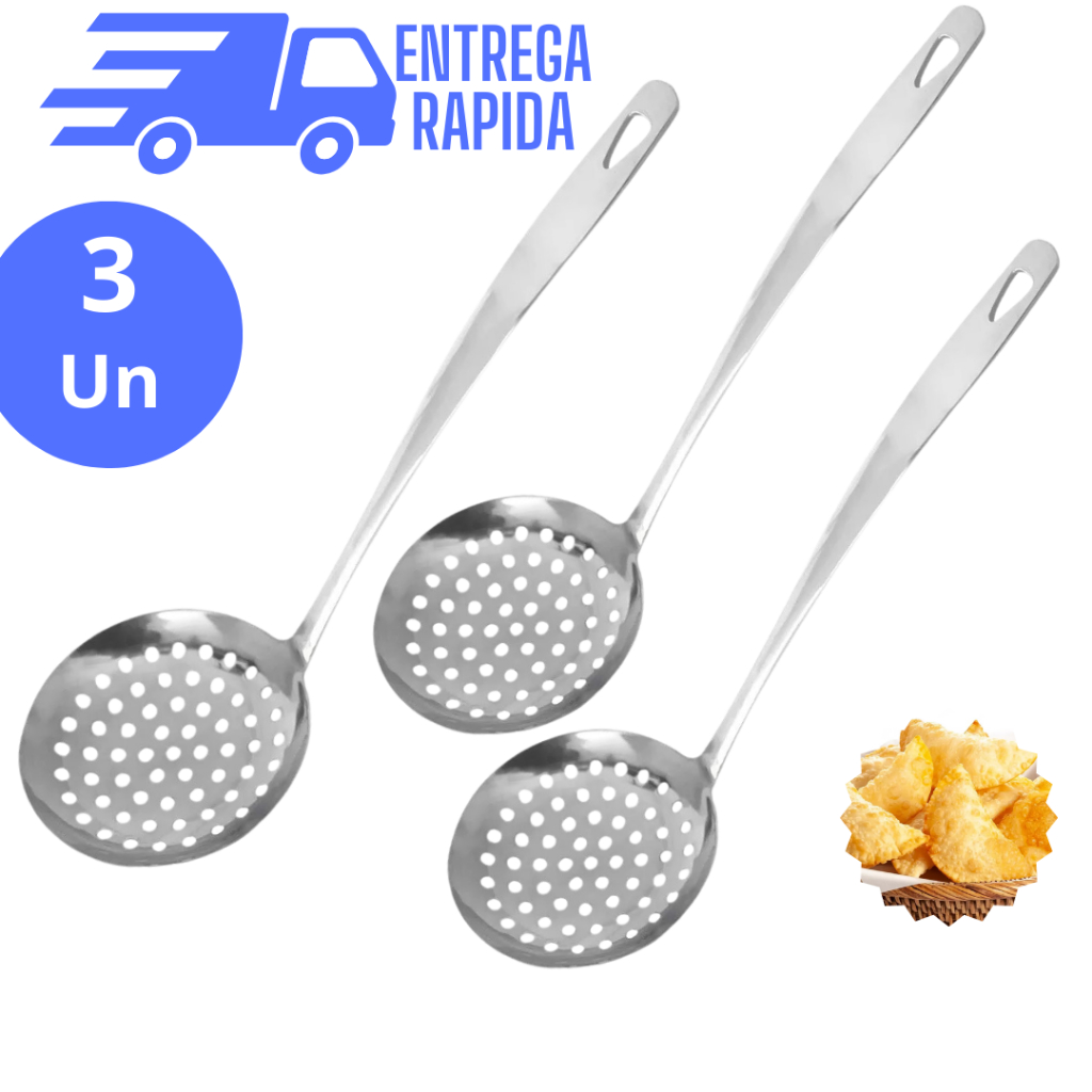 Kit 3 Escumadeira para Fritura em Aço Inoxidável Maciço 32 cm