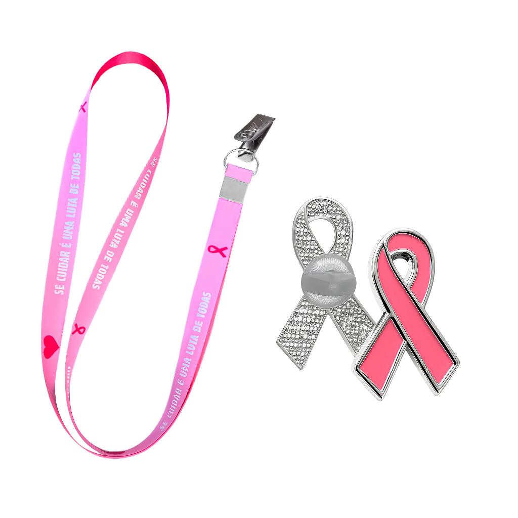 01 Cordão Crachá Acetinado Campanha Outubro Rosa + 01 Pin Laço Rosa