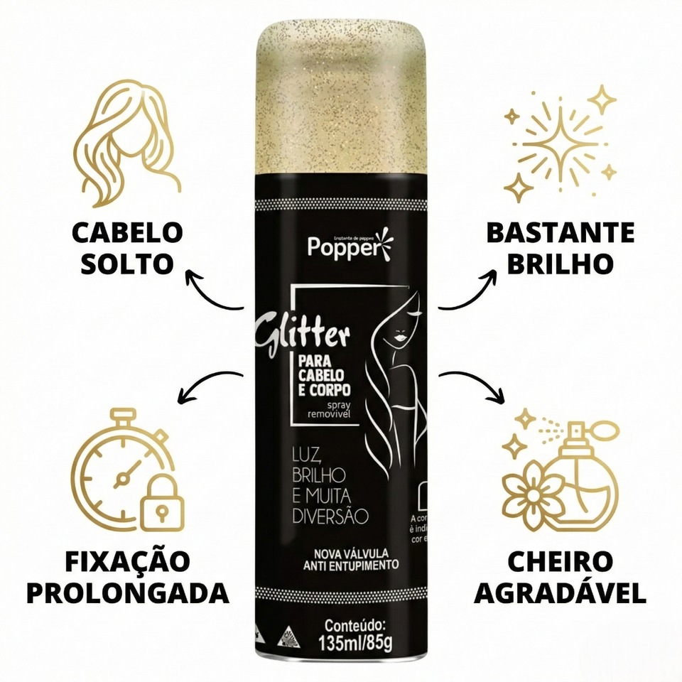 Spray Glitter Cabelo Corpo Roupa Carnaval Desfiles Maquiagem Alta Ficção Popper 150ml Prata Dourado