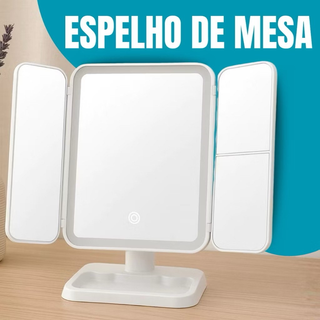 Espelho dobrável de mesa ZOOM 3x Iluminação Ajustável com Led de Maquiagem Estilo Camarim Portátil