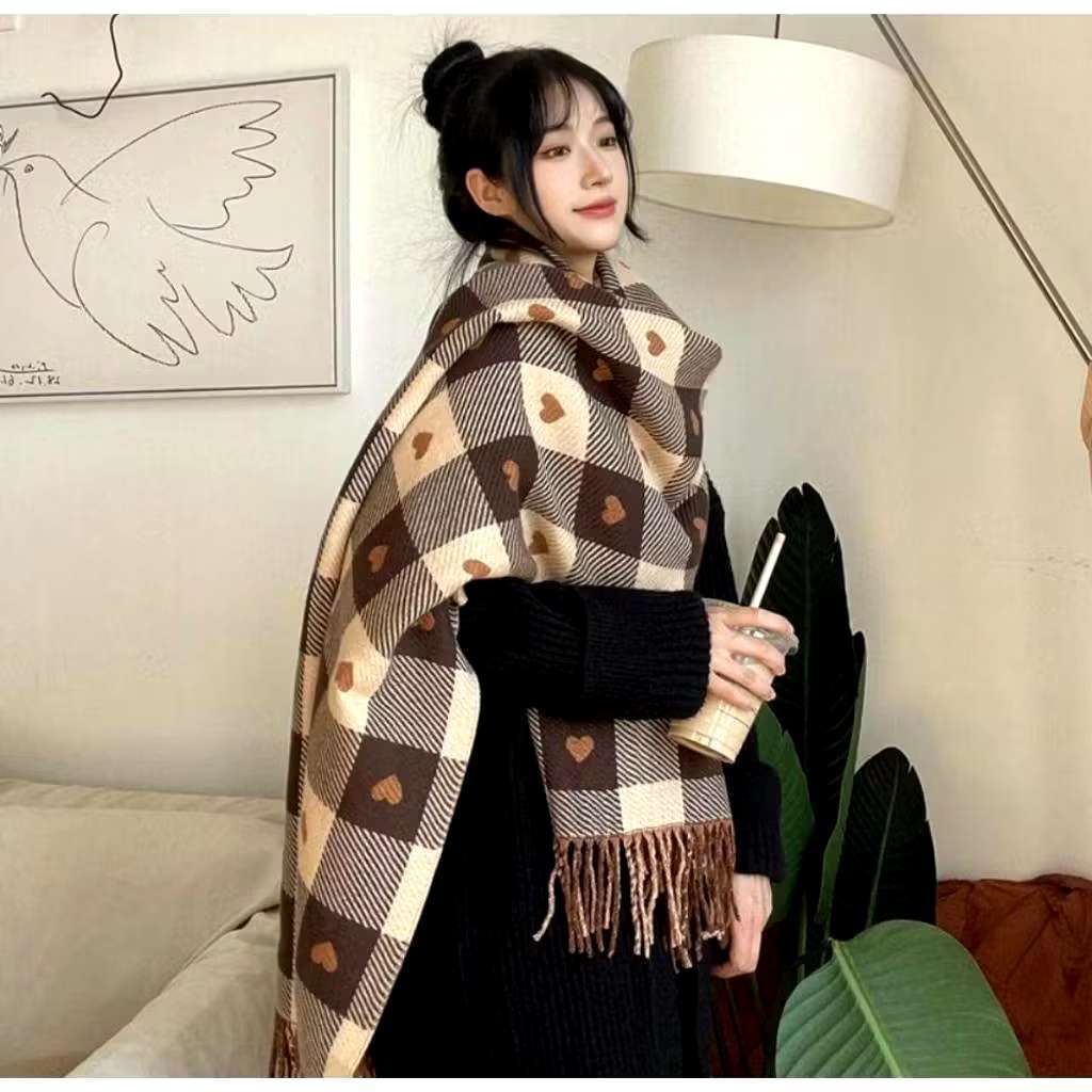 Cachecol Echarpe Grande Estampado Com Corações Inverno Super Quentinho