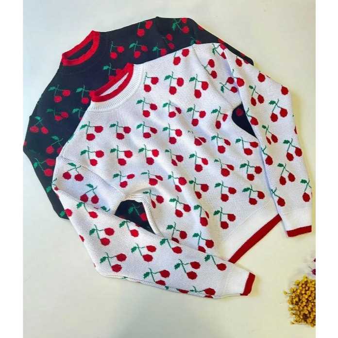 Blusa de Frio Feminina Em Tricot Manga Longa Estampa Cereja