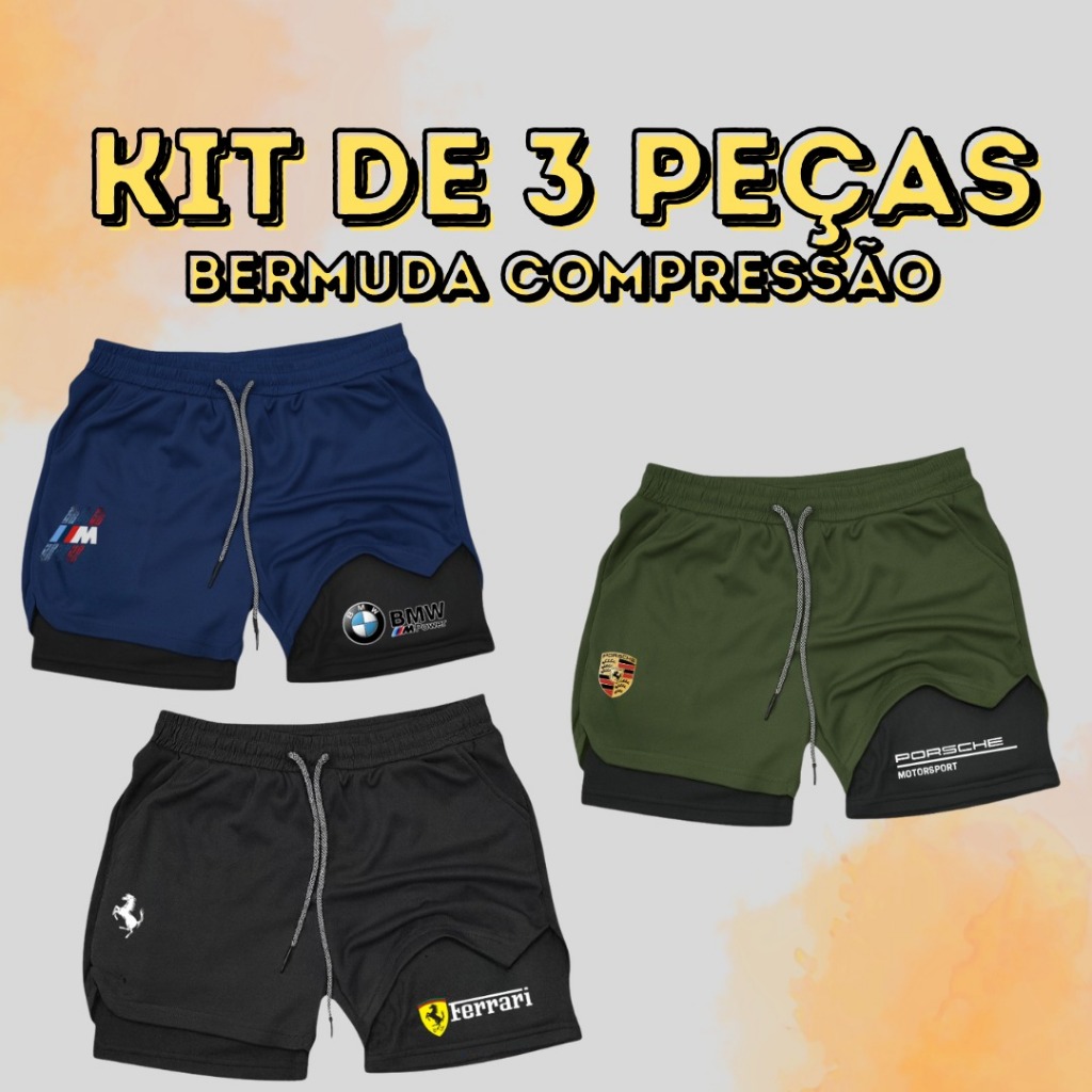 KIT 3 Bermudas De Compressão 2em1 Dry Fit Com Elastano PORSCHE + FERRARI + BMW Para Treinos Academia em Oferta na Shopee