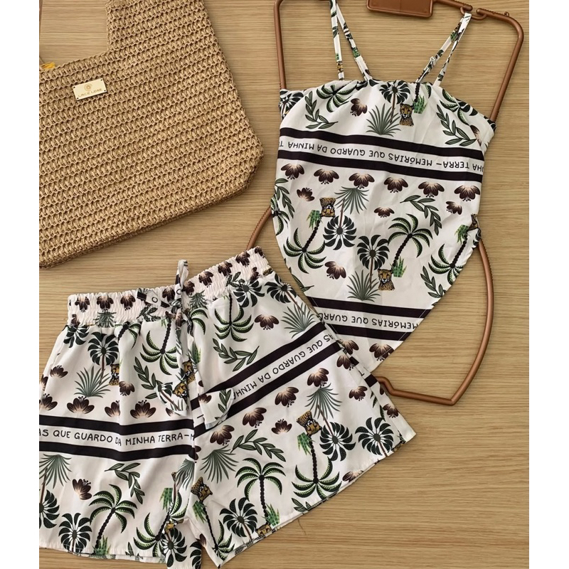 Conjunto feminino cropped lenço e short box estampas variadas