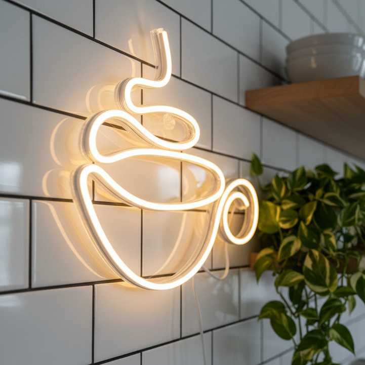Luminária Neon LED Xícara de Café Decorativa Minimalista para Parede de Cozinha
