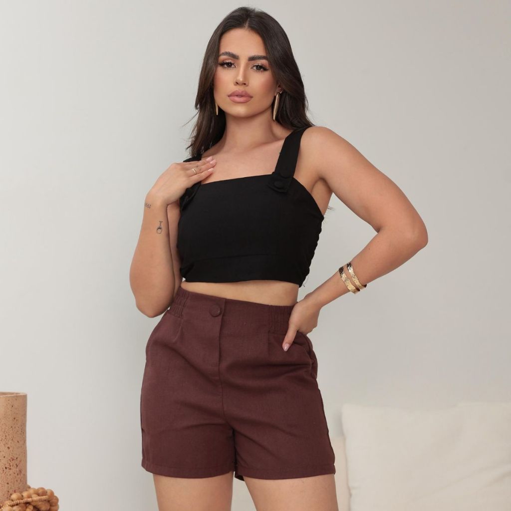 Short Shortinho Feminino Linho Alfaiataria Com Elástico Cintura Alta Casual Verão