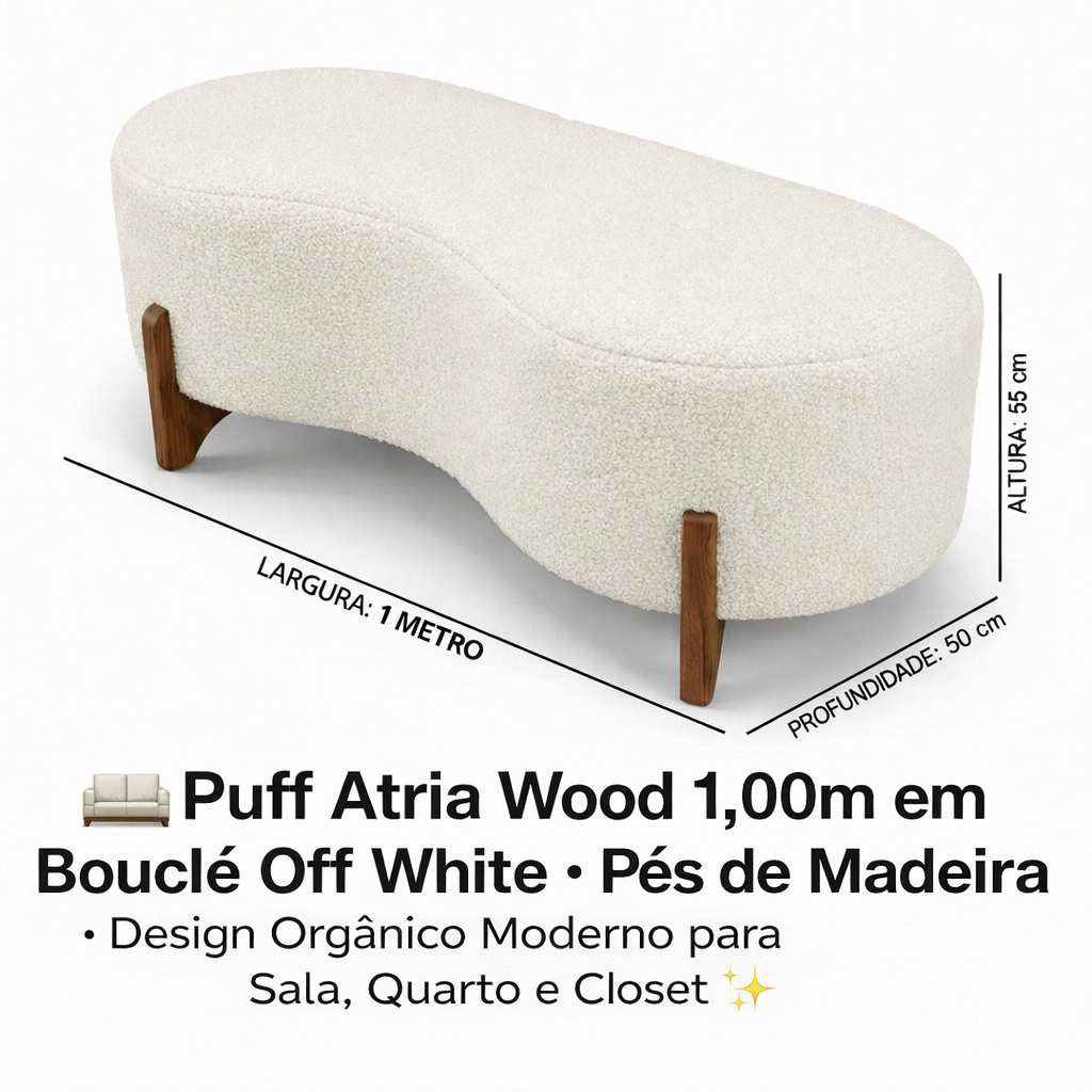 🛋️ Puff Atria Wood 1,00m em Bouclé Off White • Pés de Madeira • Design Orgânico Moderno para Sala, Quarto e Closet ✨
