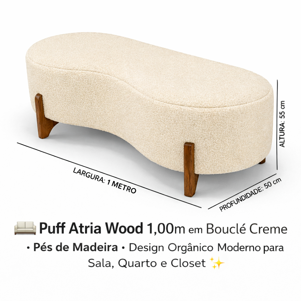 🛋️ Puff Atria Wood 1,00m em Bouclé Creme • Pés de Madeira • Design Orgânico Moderno para Sala, Quarto e Closet ✨