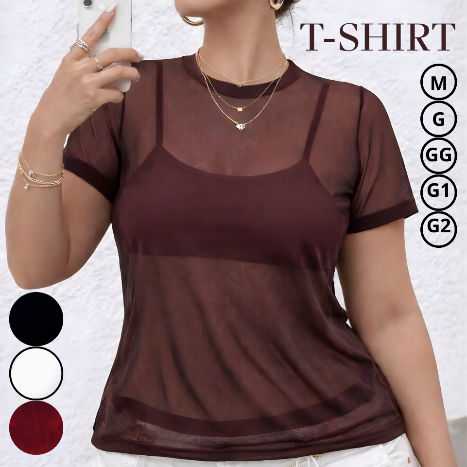 Moda Feminina & Blusa Tule Transparente - Manga Curta T-Shirt Tamanho Versátil,