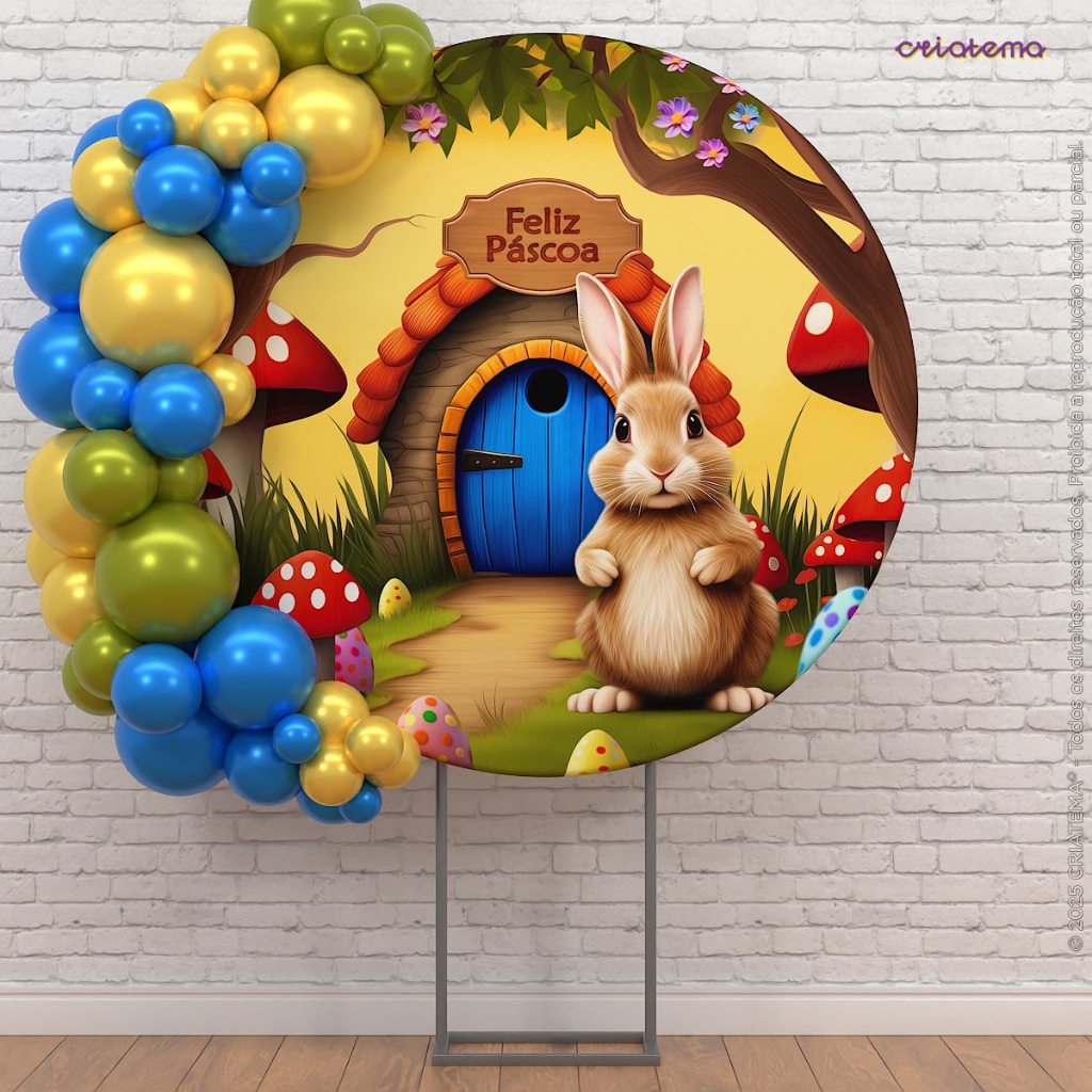 Painel Redondo Decoração Feliz Páscoa 3d Em Tecido Veste Fácil com Elástico 1,50m