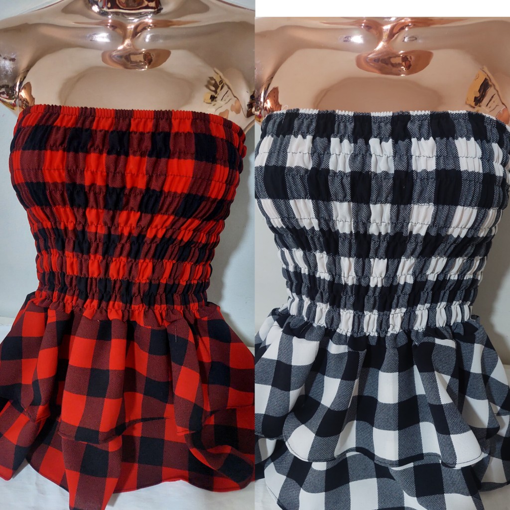 Blusa croped  tomara que caia  estilosa elastex  en tecido duna  xadrez em Oferta na Shopee