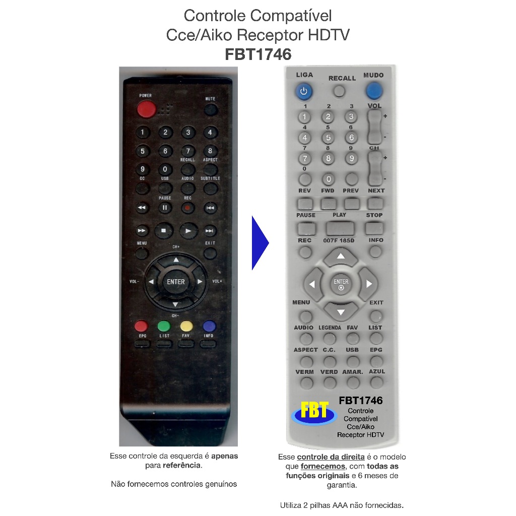 Controle Remoto Compatível p/ CCE/Aiko Receptor HDTV FBT1746