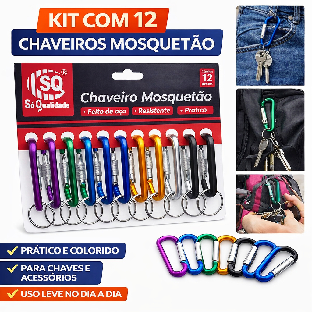 12 Chaveiros Mosquetão com Trava Cores Sortidas em Oferta na Shopee