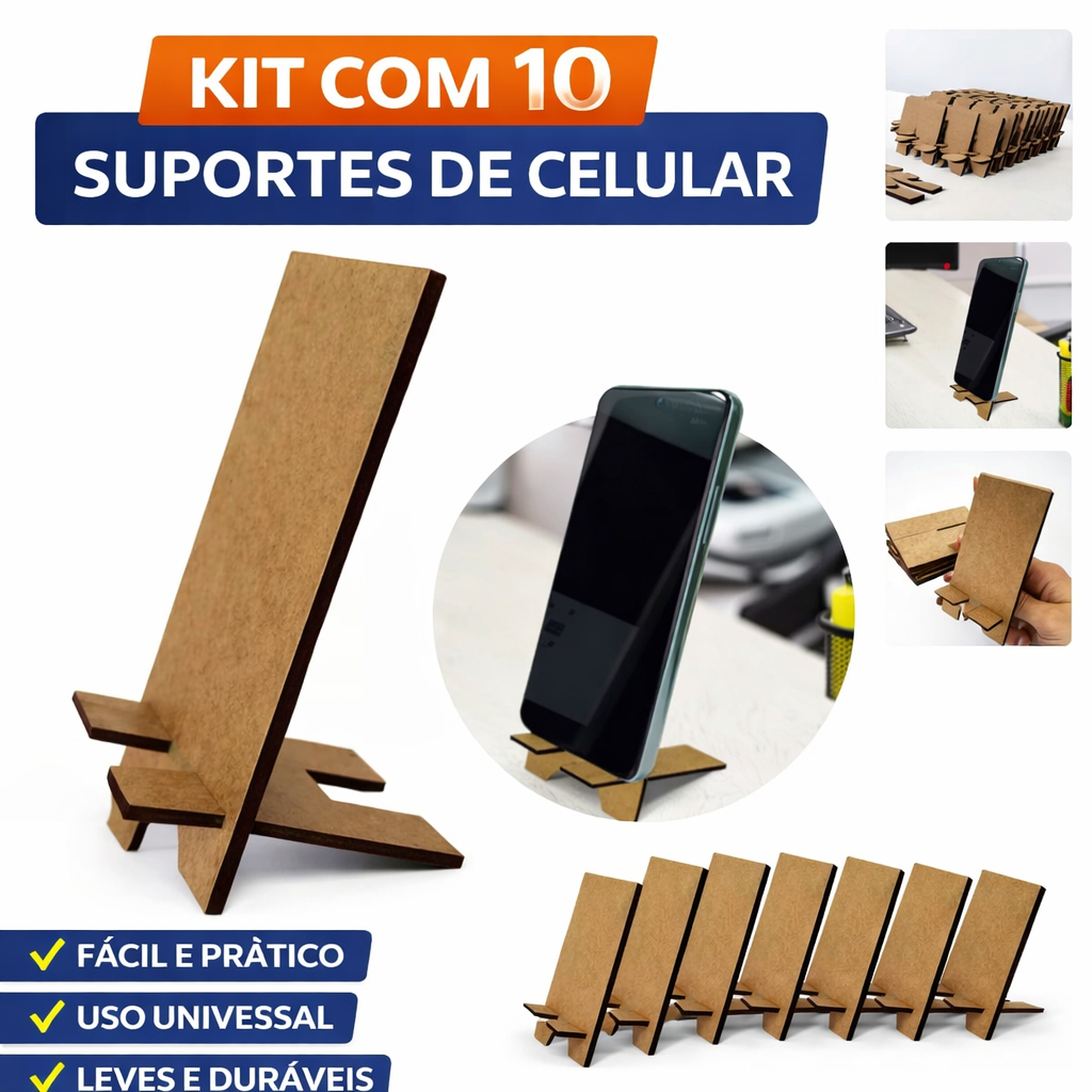 Kit 10x Suporte Porta Celular Mesa MDF Suporte Universal Smartphone Apoio de Celular Mesa Escritório