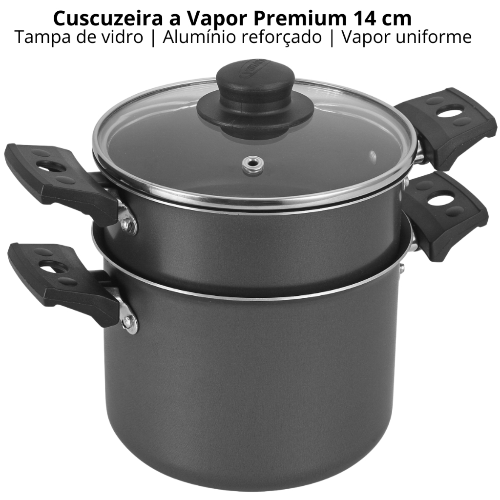 Cuscuzeira a Vapor 14cm Antiaderente com Tampa de Vidro | Cozinha a Vapor Cuscuz e Legumes