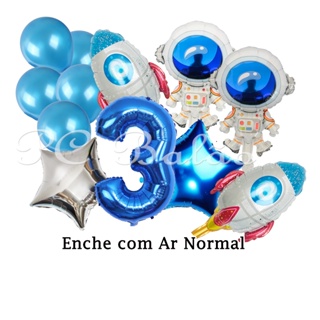 KIT 12 : Balão Metalizado 5 BEXIGA 1 N° 40CM AZUL 2 Estrela 22CM 2 ASTRONAUTA 2 FOGUETE PEQ em Oferta na Shopee
