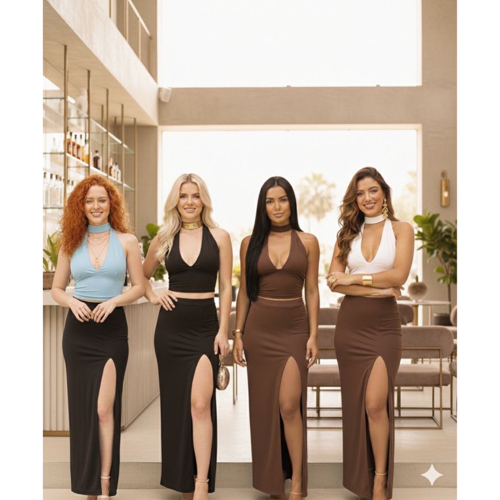 Conjunto Feminino Top Cropped Amarração Multiformas E Saia Longa Com Fenda Casual Blogueira Suplex em Oferta na Shopee