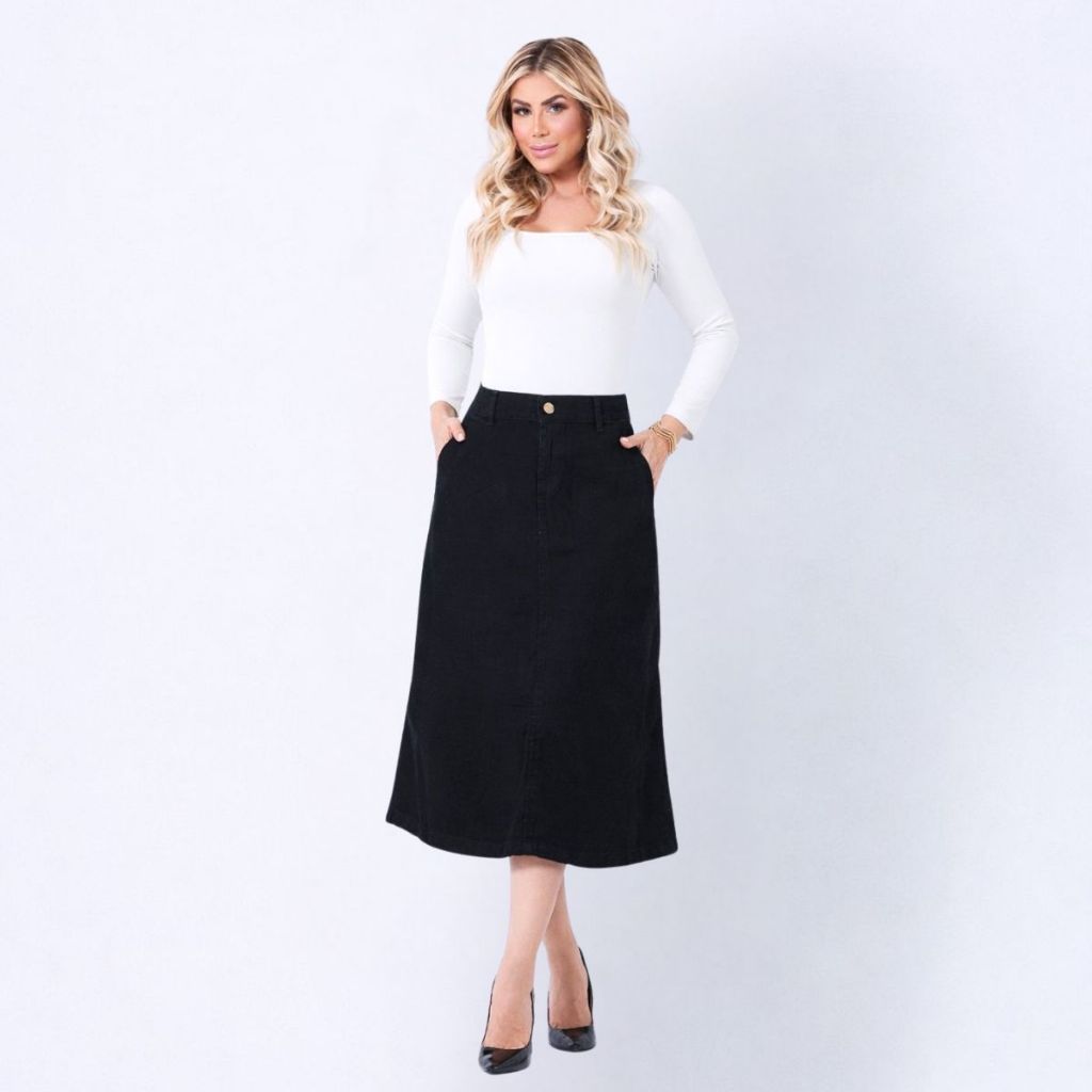 Saia Jeans Rute Midi Preta Feminina Cintura Alta Moda Evangelica Casual 100% Algodao em Oferta na Shopee